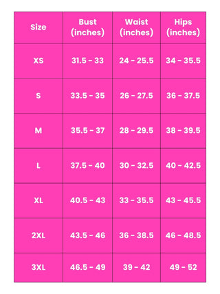 XS: (31.3-33)(24-25.5)(34-35.5)S(33.5-35)(26-27.5)(36-37.5) M(35.5-37)(28-29.5)(38-39.5) L(37.5-40)(30-32.5)(40-42.5) XL(40.5-43)(36-38.5)(46-48.5) 2XL(43.5-46)(36-38.5)(46-48.5) 3XL(46.5-49)(39-42)(49-52)