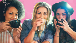Three women sipping drinks and smiling