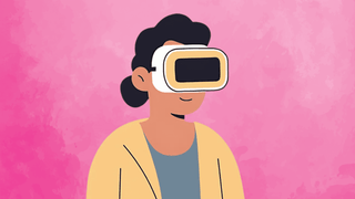 Person wearing a virtual reality headset and smiling