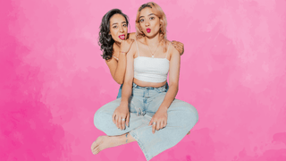 Two women friends making silly faces