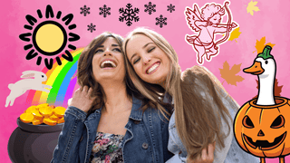 Two women in front of holiday background