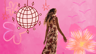 Whimsical scene with pink background and a woman in a beautiful dress