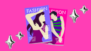 Y2K inspired cartoon magazines in front of hot pink background