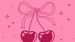 A pink and red coquette style graphic with cherries and a bow