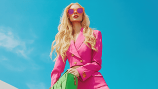 Woman wearing a hot pink outfit with colorful accessories