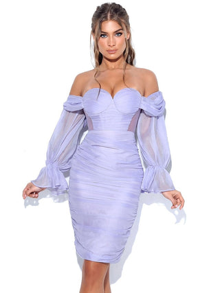 Lavender Silk Pleated Off Shoulder Dress