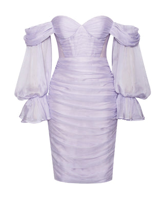 Lavender Silk Pleated Off Shoulder Dress