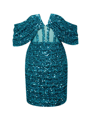 Teal Blue Sequin Off Shoulder Dress